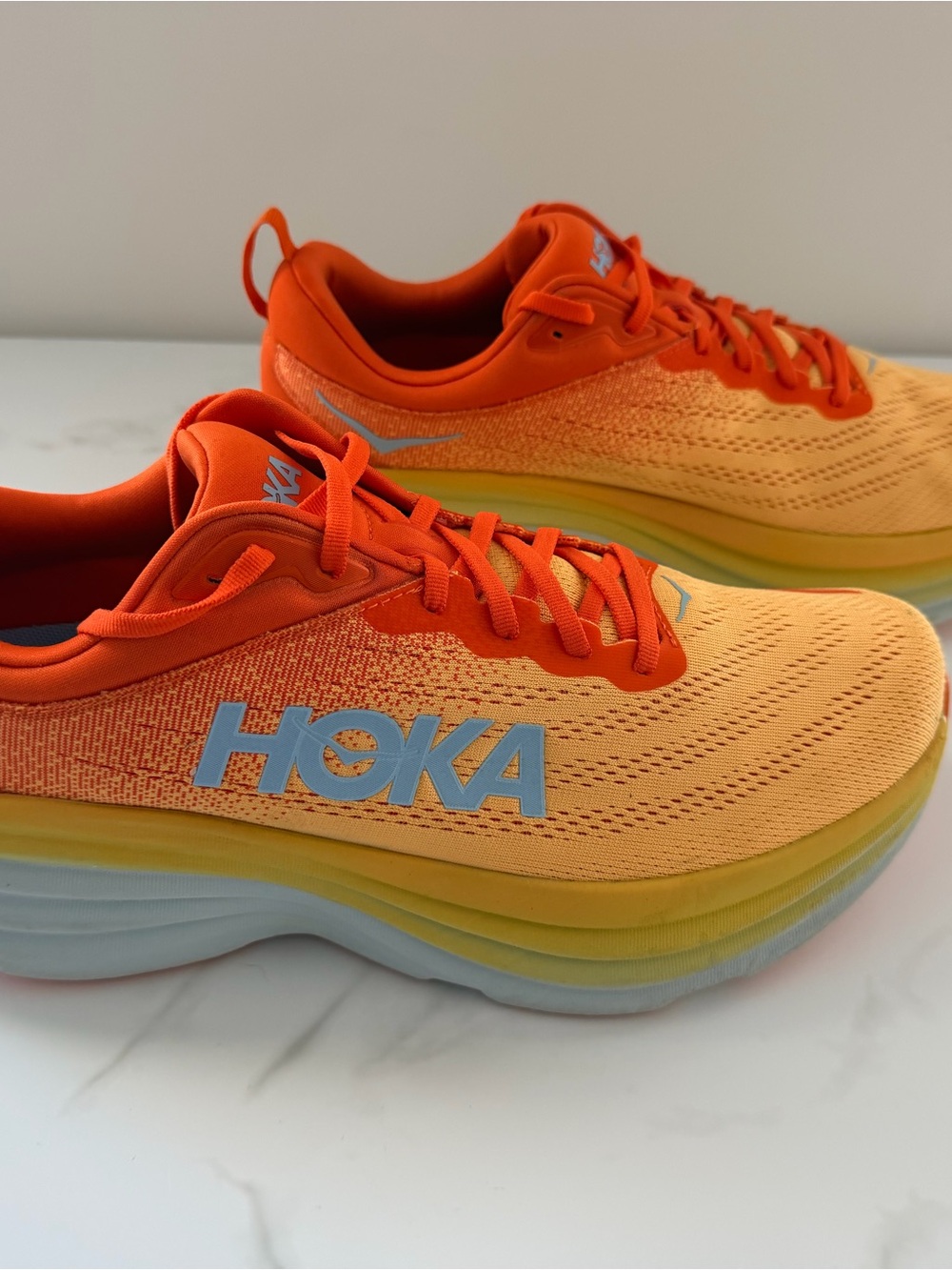 HOKA Bondi 8 Mens Size 12 2E Low Top Lace Up Running Shoes Orange/Yellow